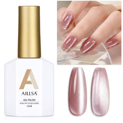Picture of AILLSA Cat Eye Gel Nail Polish Pink Crystal Glitter Gel Polish with Magnet, Nude Burgundy Glass Shimmer Gel Nail Polish Jelly Color Reflective Translucent U V Gel Salon DIY at Home 0.5 OZ GF25