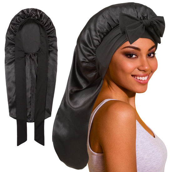 Picture of ROYBENS Long Bonnet Satin Bonnet Silk Bonnet for Sleeping Women, Bonnet with Tie Band Sleep Cap, Silk Hair Bonnet for Braids Curly Hair