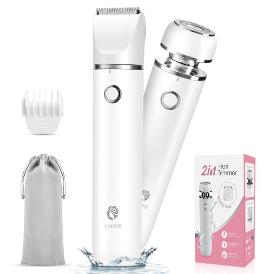 Picture of Cayzor Bikini Trimmer and Shaver Kit for Women - 2-in-1 Wet/Dry Electric Body Hair Trimmer Facial Hair Removal Cordless Waterproof Bikini Shaver Razor for Face Lip Chin Pubic Underarm Legs (White)