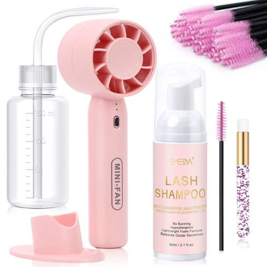 Picture of EMEDA Lash Shampoo Kit 2.02 fl oz Lash Cleaning Kit with Rechargeable Fan Dryer/Brush/Rinse Bottle, Oil-free Cleanser Wash for Extensions & Clusters & Natural Eyelashes, Cleaner for Eyelash Care