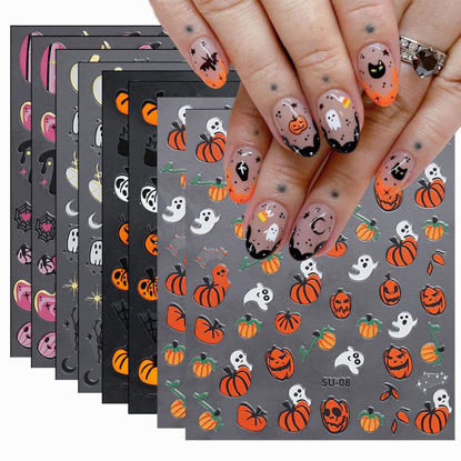 Picture of 8Sheets Halloween Nail Art Stickers Cute Ghost Pumpkin 3D Self-Adhesive Nail Decals Spider Web Blood Flame Designs Nail Decorations Fall Thanksgiving Nail Supplies for Women DIY Manicure Art