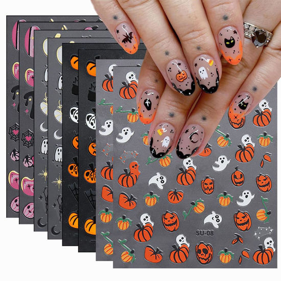 Picture of 8Sheets Halloween Nail Art Stickers Cute Ghost Pumpkin 3D Self-Adhesive Nail Decals Spider Web Blood Flame Designs Nail Decorations Fall Thanksgiving Nail Supplies for Women DIY Manicure Art