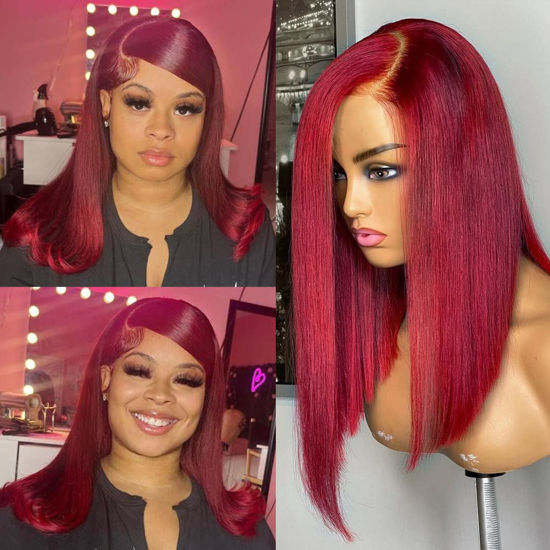 Picture of HIRIREMY 16 Inch Bob 99J Burgundy 13x4 HD Lace Front Wigs Human Hair Pre Plucked Glueless Transparent Frontal Lace Bob Wig Human Hair Straight Bob Wigs for Black Women with Baby Hair Wine Red