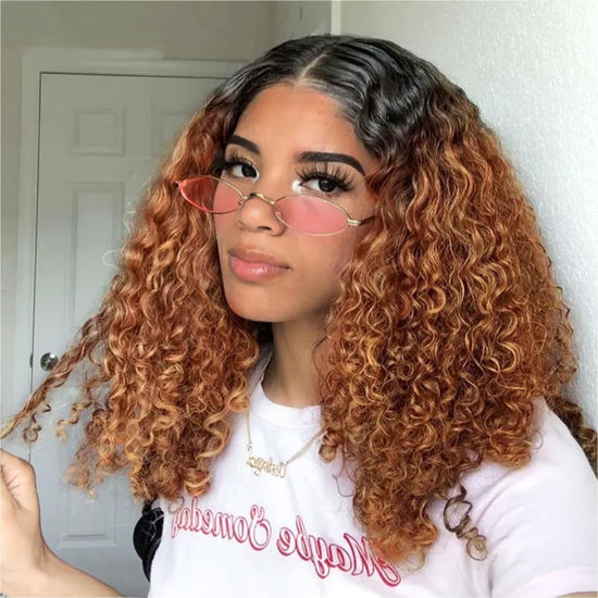 Picture of HIRIREMY Ombre Honey Blonde Deep Wave Lace Front Bob Wigs Human Hair for Black Women Wet and Wavy 13x4 HD Ombre Brown Short Curly Bob Wigs Human Hair Pre Plucked Wear and Go Glueless 1B/30 14 Inch