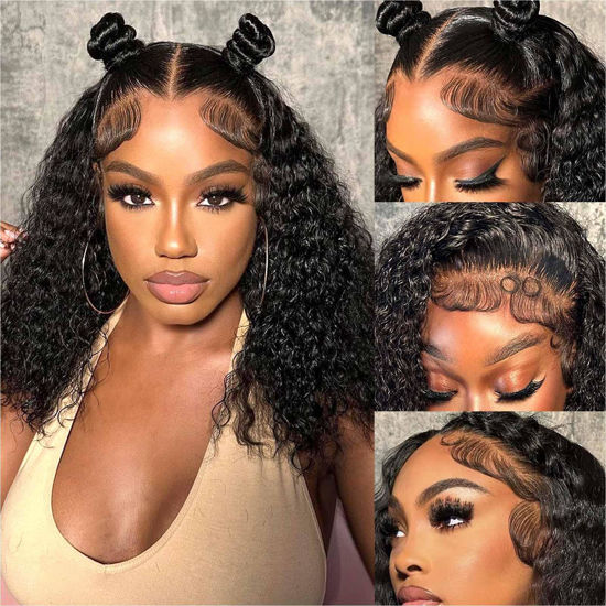 Picture of HIRIREMY Curly Bob Wig Human Hair Glueless 13x4 HD Wet and Wavy Short Jerry Curly Lace Front Bob Wigs for Black Women Human Hair Pre Plucked Natural Hairline with Baby Hair Wear and Go 14 Inch