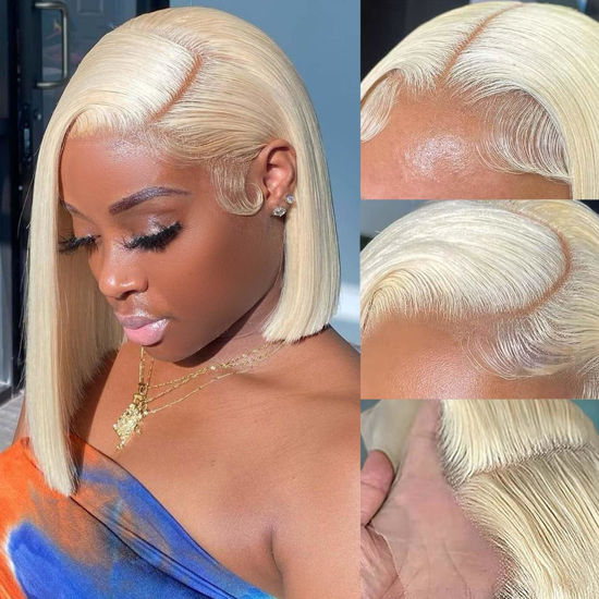 Picture of HIRIREMY 613 Bob Wig Human Hair 13x4 HD Lace Front Wig Human Hair Blonde,Short Straight Glueless 613 Blonde Lace Front Bob Wigs For Black Women Human Hair Pre Plucked Side Part Blond 12 Inch