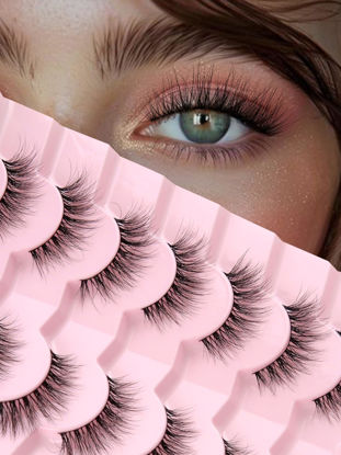 Picture of Natural Cat Eye Lashes Wispy Eyelashes 14mm Lightweight False Eyelashes 3D Volume Natural Strip Lashes 0.1mm Thin Cotton Band Lashes Pack C Curl Soft Lashes 7 Pairs Siligli