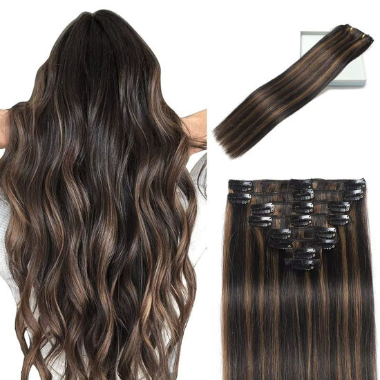 Picture of LORIEN Clip in Hair Extensions Real Human Hair, 24 Inch 120g, 1B/6 Natural Black to Chestnut Brown, Clip in 100% Brazilian Remy Human Hair Extensions 8pcs Per Set with 18 Clips Double Weft