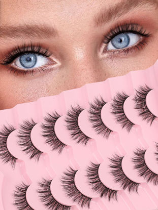 Picture of Lashes False Eyelashes Natural 16mm Wispy Lashes Pack Fluffy Eyelashes C Curl Strip Lashes Weightless False Lashes 0.1MM Thin Band Eyelash 3D Volume Soft Lashes Siligli 7 Pair Lash