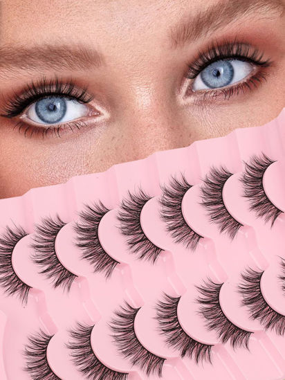 Picture of Lashes False Eyelashes Natural 16mm Wispy Lashes Pack Fluffy Eyelashes C Curl Strip Lashes Weightless False Lashes 0.1MM Thin Band Eyelash 3D Volume Soft Lashes Siligli 7 Pair Lash