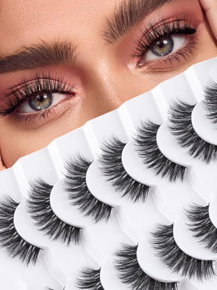 Picture of Wispy Lashes False Eyelashes Natural 16mm Fluffy Eyelashes Strip Lashes Pack 3D Volume Lashes 0.1MM Extra Thin Cotton Band Fake Eyelashes Soft Full Lashes C Curl Lashes Pack Siligli 7 Pair