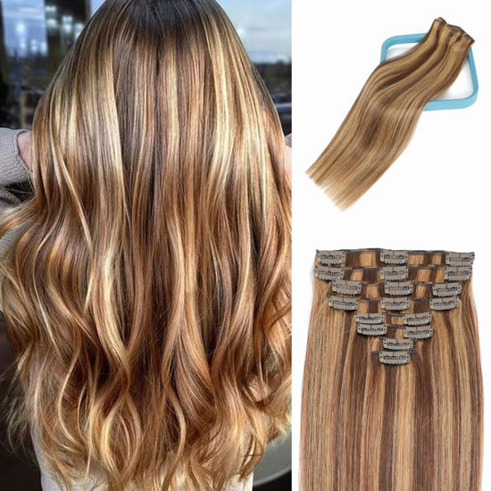 Picture of LORIEN Clip in Hair Extensions Real Human Hair, 18 Inch 100g, 4/27 Chocolate Brown to Caramel Blonde, Clip in 100% Brazilian Remy Human Hair Extensions 8pcs Per Set with 18 Clips Double Weft