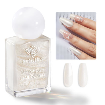 Picture of modelones Pearl White Nail Polish, Shimmer Glitter White 15 ml Quick Dry Nail Lacquer Strengthener Long Last Shine Fingernail Toe Nail Art DIY Home Travel Manicure Gift for Women Girls 0.5 Fl Oz