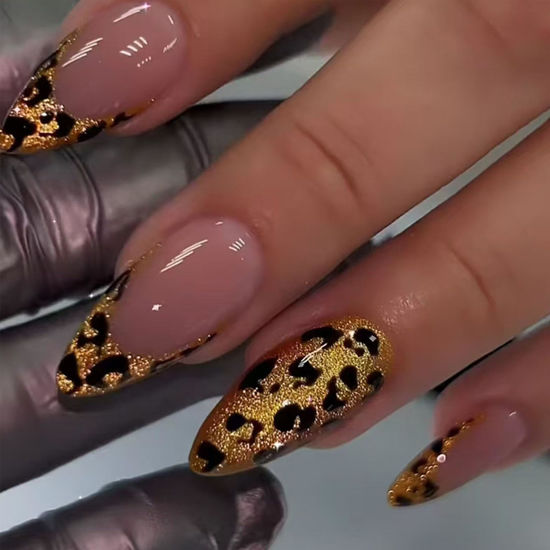 Picture of Press on Nails Medium Almond Fake Nails Bling Leopard French Tip Glue on Nails Glossy Gold Glitter Acrylic Nails Press ons Stiletto Artificial Stick on Nails for Women 24 Pcs