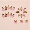 Picture of Press on Nails Medium Almond Fake Nails Bling Leopard French Tip Glue on Nails Glossy Gold Glitter Acrylic Nails Press ons Stiletto Artificial Stick on Nails for Women 24 Pcs