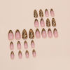 Picture of Press on Nails Medium Almond Fake Nails Bling Leopard French Tip Glue on Nails Glossy Gold Glitter Acrylic Nails Press ons Stiletto Artificial Stick on Nails for Women 24 Pcs