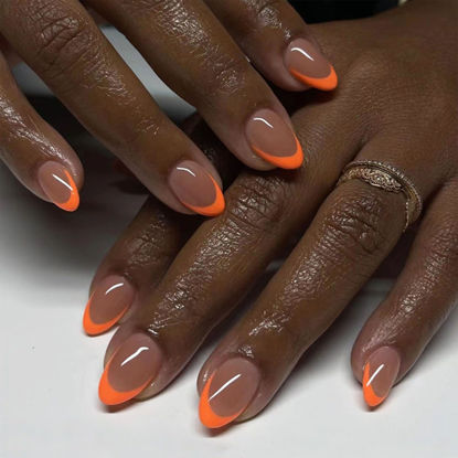 Picture of Short Press on Nails Almond Orange French Tip Glue on Nails Cute Fake Nails Full Cover Stick on Nails Glossy Artificial Nails Short Acrylic Nails Press ons Reusable False Nails for Women 30 Pcs