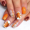 Picture of Thanksgiving Nails Fall Press on Nails Medium Square Fake Nails Maple Leaf Orange Glitter Plaid Acrylic Nails Press ons Cute Autumn Leaves Design Full Cover Fall Stick on Nails for Women 24 Pcs