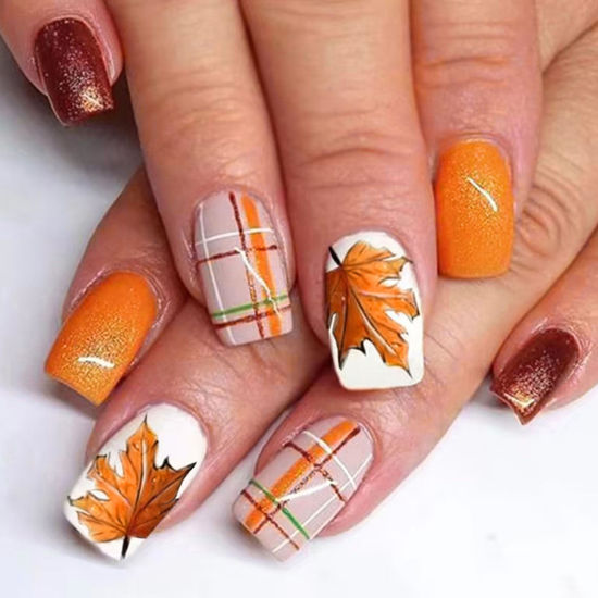 Picture of Thanksgiving Nails Fall Press on Nails Medium Square Fake Nails Maple Leaf Orange Glitter Plaid Acrylic Nails Press ons Cute Autumn Leaves Design Full Cover Fall Stick on Nails for Women 24 Pcs