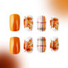 Picture of Thanksgiving Nails Fall Press on Nails Medium Square Fake Nails Maple Leaf Orange Glitter Plaid Acrylic Nails Press ons Cute Autumn Leaves Design Full Cover Fall Stick on Nails for Women 24 Pcs