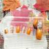 Picture of Thanksgiving Nails Fall Press on Nails Medium Square Fake Nails Maple Leaf Orange Glitter Plaid Acrylic Nails Press ons Cute Autumn Leaves Design Full Cover Fall Stick on Nails for Women 24 Pcs