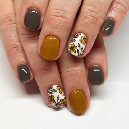 Picture of Fall Press on Nails Short Square Fake Nails with Floral Designs Yellow Nails Press ons Grey Acrylic Nails Glossy Glue on Nails Fall Flower Leaves Artificial Stick on Nails for Women Girls 24 Pcs