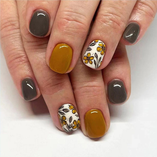 Picture of Fall Press on Nails Short Square Fake Nails with Floral Designs Yellow Nails Press ons Grey Acrylic Nails Glossy Glue on Nails Fall Flower Leaves Artificial Stick on Nails for Women Girls 24 Pcs