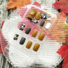 Picture of Fall Press on Nails Short Square Fake Nails with Floral Designs Yellow Nails Press ons Grey Acrylic Nails Glossy Glue on Nails Fall Flower Leaves Artificial Stick on Nails for Women Girls 24 Pcs