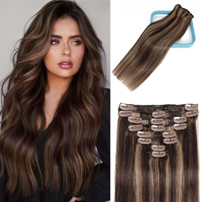Picture of LORIEN Clip in Hair Extensions Real Human Hair, 22 Inch 110g, 2/6 Dark Brown to Chestnut Brown, Clip in 100% Brazilian Remy Human Hair Extensions 8pcs Per Set with 18 Clips Double Weft