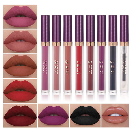 Picture of QiBest 7Pcs Matte Liquid Lipstick wiith 1Pc Lip Plumper Makeup Set, Dark Black Purple Lipstick Goth Halloween Lip Set Waterproof Lip Gloss Kit Pigmented Long Lasting Lipstick Makeup for Women & Girls