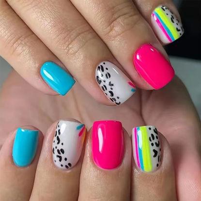 Picture of Short Press on Nails Square Fake Nails Black Leopard Print Acrylic Full Cover False Nails Press ons Glossy Blue Rose Red Glue on Nails Artificial Nails Short Stick on Nails for Women Girls 24 Pcs