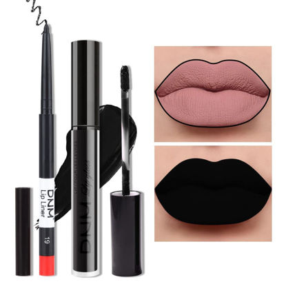 Picture of evpct 2Pcs Black Matte Liquid Lipstick and Lip Liner Gloss Stain Pencil Makeup Set DNM Long Lasting Dark Matte Lipstick 24H and with Lip Liner Set for Black women labiales mate 24 horas originales 19#