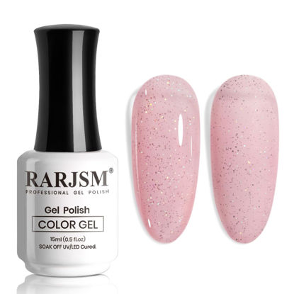 Picture of RARJSM Nude Glitter Gel Nail Polish Clear Pink Rainbow Chunky Sparkle Shimmer Jelly Nuded Iridescent Transparent Pink Gel Polish Single Bottle Soak off UV LED Cured for Home Salon Manicure 15ML