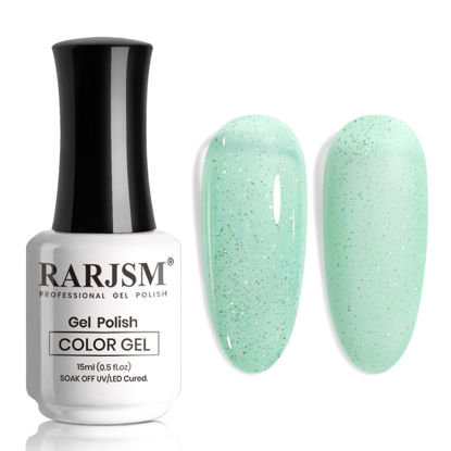 Picture of RARJSM Rainbow Glitter Gel Nail Polish Clear Pastel Green Chunky Sparkle Shimmer Jelly Iridescent Transparent Light Green Gel Polish Single Bottle Soak off UV LED Cured for Home Salon Manicure 15ML