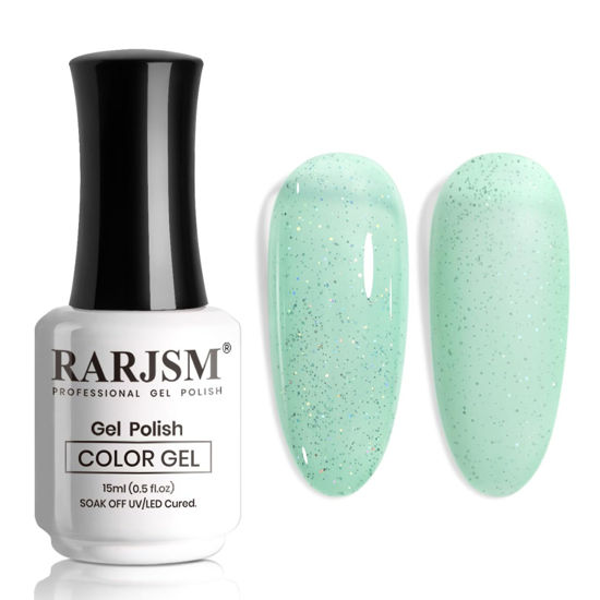 Picture of RARJSM Rainbow Glitter Gel Nail Polish Clear Pastel Green Chunky Sparkle Shimmer Jelly Iridescent Transparent Light Green Gel Polish Single Bottle Soak off UV LED Cured for Home Salon Manicure 15ML