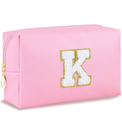 Picture of URSKYTOUS Initial Preppy Makeup Bag Travel Small Cosmetic Bag Cute Pink Personalized Preppy Makeup Pouch Zippered PU Toiletry Bag Christmas Birthday Gifts for Women Mom Teacher Friends(K)