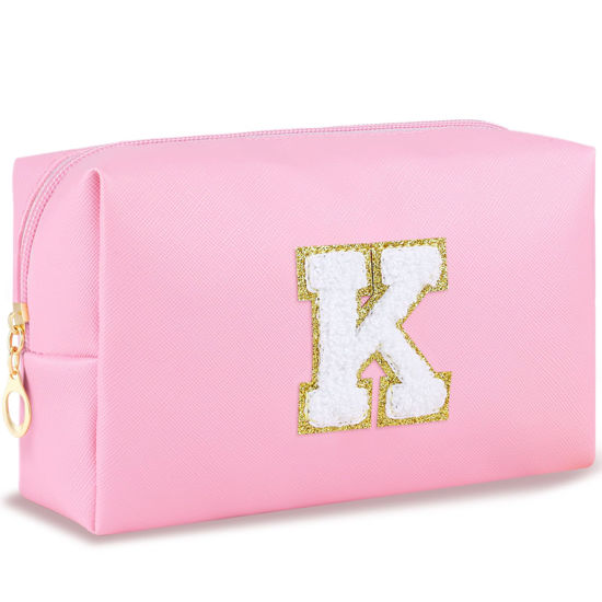 Picture of URSKYTOUS Initial Preppy Makeup Bag Travel Small Cosmetic Bag Cute Pink Personalized Preppy Makeup Pouch Zippered PU Toiletry Bag Christmas Birthday Gifts for Women Mom Teacher Friends(K)