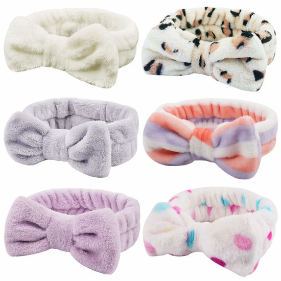 Picture of 6 Pcs Spa Facial Headbands Set - Soft Fleece Headbands for Makeup, Face Washing, Skin Care, Yoga, and Shower with Bow Hair Band