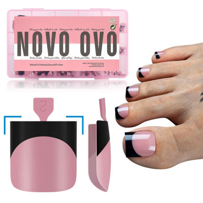Picture of NOVO OVO Black French Tip Toe Nail Tips Press on, BERRY PINK Sharp Square Pre-Designed Soft Gel False Toenail Extension, Long/Medium Wide Fake Toenails, Full Cover Acrylic for DIY 15 Sizes 240 pcs