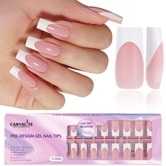 Picture of Canvalite French Tip Press on Nails - 300Pcs Pre-Colored Quick and Easy Press on Nails Long Square Fake Nails with Designs DIY Gel Nail Tips, Pink White