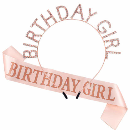 Picture of AOPRIE Rose Gold Birthday Tiara and Crown With Sash for Women - Rhinestone Princess Headband and Happy Birthday Accessories
