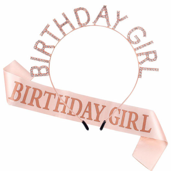 Picture of AOPRIE Rose Gold Birthday Tiara and Crown With Sash for Women - Rhinestone Princess Headband and Happy Birthday Accessories