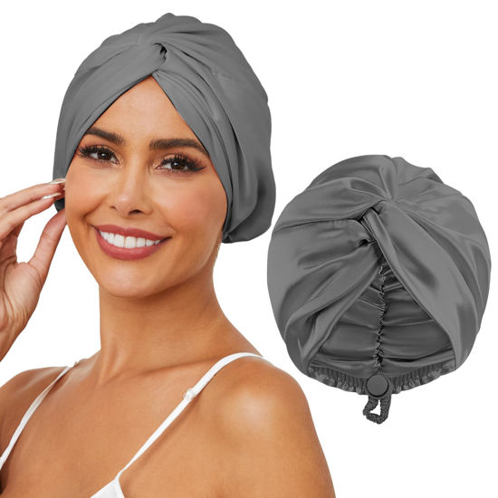 Picture of HFRHTGY Adjustable Silk Satin Hair Bonnet for Sleeping, Double Layer Hair Wrap Sleep Cap Turban for Women Men, Curly Straight Hair Long Large Braid Unisex (Royal Grey)