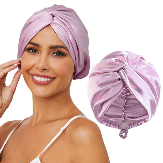 Picture of HFRHTGY Adjustable Silk Satin Hair Bonnet for Sleeping, Double Layer Hair Wrap Sleep Cap Turban for Women Men, Curly Straight Hair Long Large Braid Unisex (Royal Lavender)