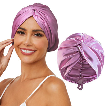 Picture of HFRHTGY Adjustable Silk Satin Hair Bonnet for Sleeping, Double Layer Hair Wrap Sleep Cap Turban for Women Men, Curly Straight Hair Long Large Braid Unisex (Royal Deep Purple)