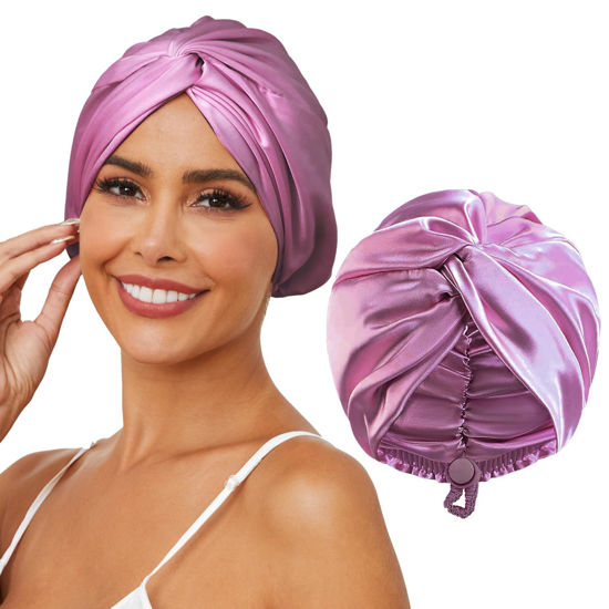 Picture of HFRHTGY Adjustable Silk Satin Hair Bonnet for Sleeping, Double Layer Hair Wrap Sleep Cap Turban for Women Men, Curly Straight Hair Long Large Braid Unisex (Royal Deep Purple)