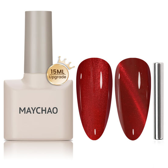 Picture of MAYCHAO 15ML Cat Eye Gel Nail Polish 1Pc Red Gel Polish with Magnet Soak off Holographic Magnetic Nail Polish for Nail Art Manicure Salon DIY at Home, 0.5 OZ
