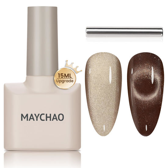 Picture of MAYCHAO 15ML Cat Eye Gel Nail Polish 1Pc Brown Black Gel Polish with Magnet Soak off Holographic Magnetic Nail Polish for Nail Art Manicure Salon DIY at Home, 0.5 OZ