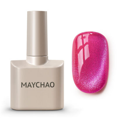 Picture of MAYCHAO 15ML Cat Eye Gel Nail Polish 1Pc Hot Pink Gel Polish with Magnet Soak off Holographic Magnetic Nail Polish for Nail Art Manicure Salon DIY at Home, 0.5 OZ
