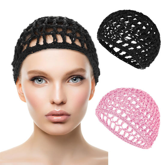 Picture of WLLHYF Wig Cap Thick Long Hair Caps Adjustable Elastic Net Anti-Slip Mesh Braided Weaving Making Crochet Sew Weave Fishnet Part Grip Headband Hat Women(Black/Pink)